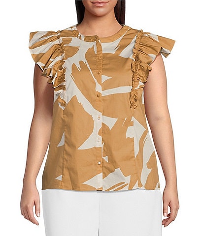 Sugarlips Plus Flutter Sleeve Abstract Tropical Printed Poplin Top