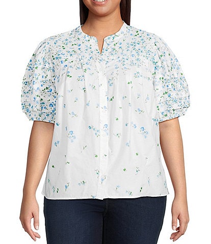 Sugarlips Plus Gradient Floral Printed Puffed Sleeve Poplin Shirt