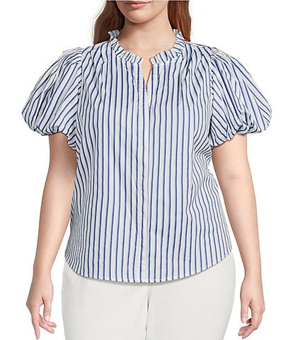 Sugarlips Plus Jayla Vertical-Striped Puffed Sleeve Button Front Shirt