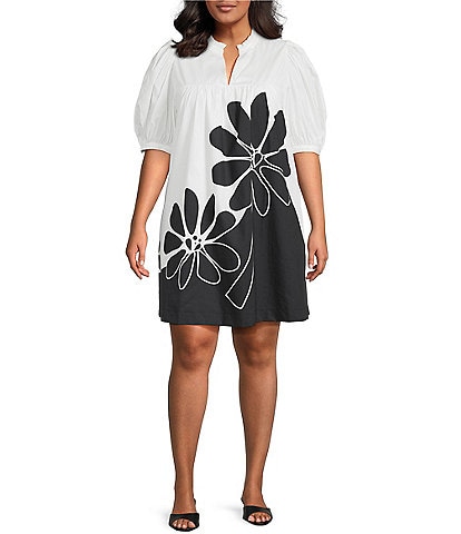Sugarlips Plus Julissa Placement-Floral-Print Puff-Sleeve Babydoll Dress