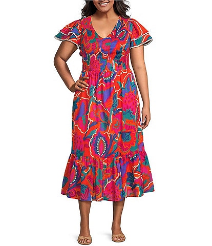 Sugarlips Plus Kahlia Tropical Printed Flutter Sleeve Tiered Midi Dress
