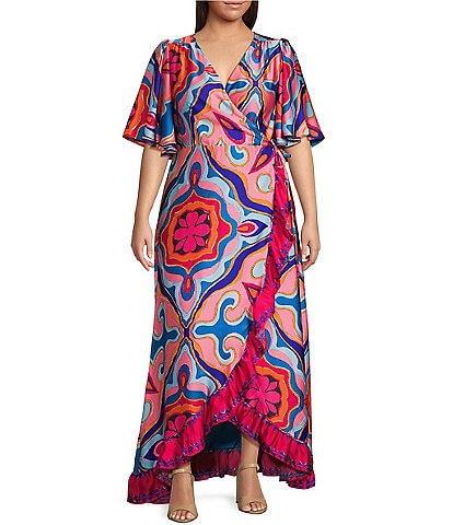 Sugarlips Plus Medallion Border Print Short Sleeve Faux-Wrap High-Low-Hem Satin Long Dress