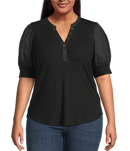 Sugarlips Plus Poplin-Sleeve Ribbed Top