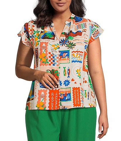 Sugarlips Plus Postcard Print Short Sleeve Blouse