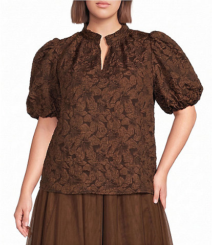 Sugarlips Plus Short Sleeve Floral Jacquard Split Neck Top