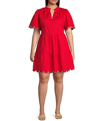Sugarlips Plus Short Sleeve Scalloped Trim Tiered Dress
