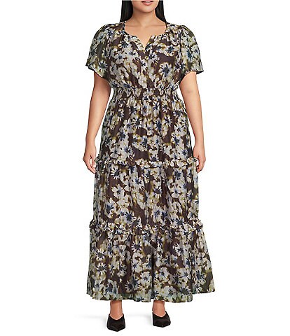 Sugarlips Plus Size Abstract Palmer Printed Split V-Neck Short Sleeve Tiered Maxi Dress