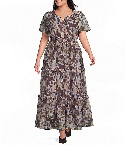 Sugarlips Plus Size Abstract Palmer Printed Split V-Neck Short Sleeve Tiered Maxi Dress