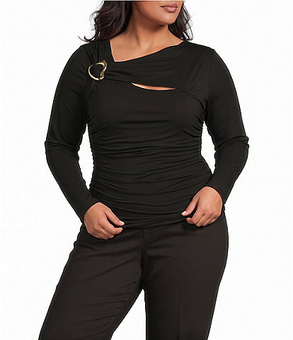 Sugarlips Plus Size Ania Asymmetric Buckle Neck Long Sleeve Ruched Top