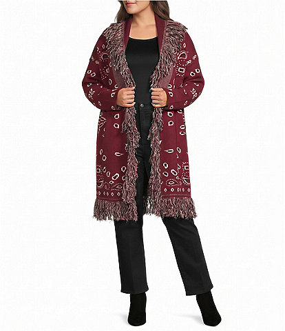 Sugarlips Plus Size Bandana Printed Fringe Collared Long Sleeve Belted Wrap Cardigan