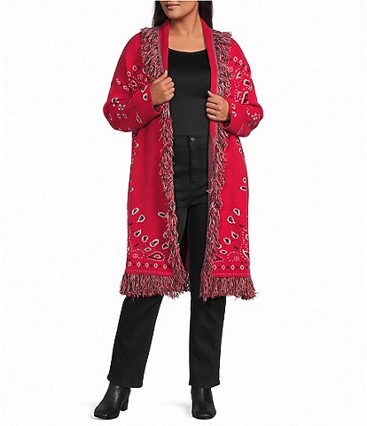 Sugarlips Plus Size Bandana Printed Fringe Collared Long Sleeve Belted Wrap Cardigan