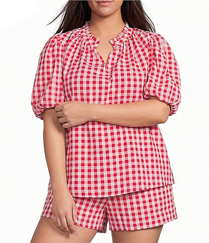 Sugarlips Plus Size Chelli Checkered Gingham Printed Gretna Ruffle Split V-Neck Short Sleeve Coordinating Blouse Top