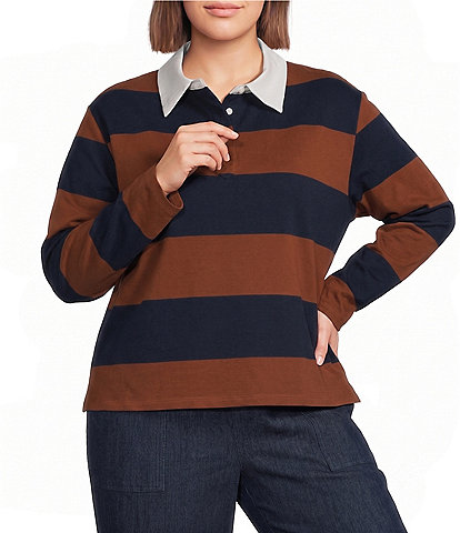 Sugarlips Plus Size Chocolate Cropped Rugby Stripe Collared Long Sleeve Polo Shirt