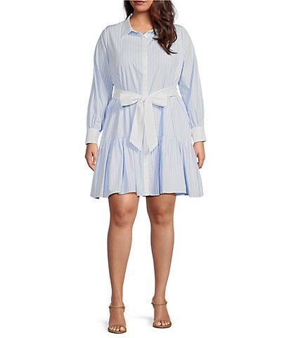 Sugarlips Plus Size Cotton Poplin Contrast Trim Point Collar Long Sleeve Button-Front Belted Tiered Shirt Dress