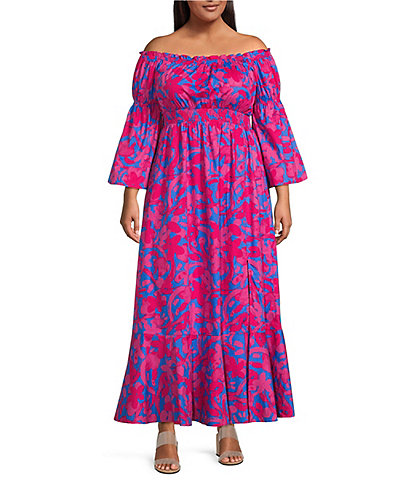 Sugarlips Plus Size Floral Print Off-The-Shoulder Smocked Waist Long Bell Sleeve Maxi Dress