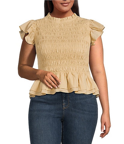 Sugarlips Plus Size Flutter Sleeve Smocked Woven Blouse
