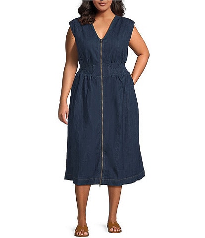 Sugarlips Plus Size Gabriella Sleeveless Smocked Midi Denim Dress