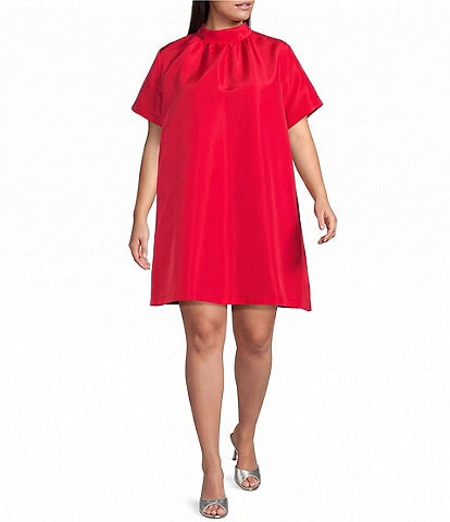 Sugarlips Plus Size Heather Rhinestone Back Tie Mock Neck Short Sleeve Shift Mini Dress