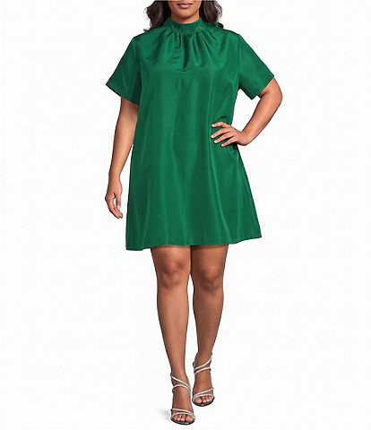 Sugarlips Plus Size Heather Rhinestone Back Tie Mock Neck Short Sleeve Shift Mini Dress