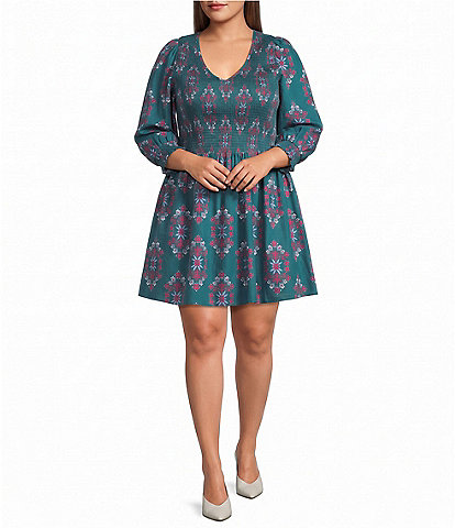 Sugarlips Plus Size Isme Smocked Floral Print V-Neck Long Sleeve Mini Dress