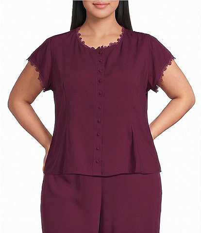 Sugarlips Plus Size Kaisy Crew Neck Short Sleeve Embroidered Trim Coordinating Button Front Top