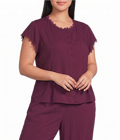 Sugarlips Plus Size Kaisy Crew Neck Short Sleeve Embroidered Trim Coordinating Button Front Top