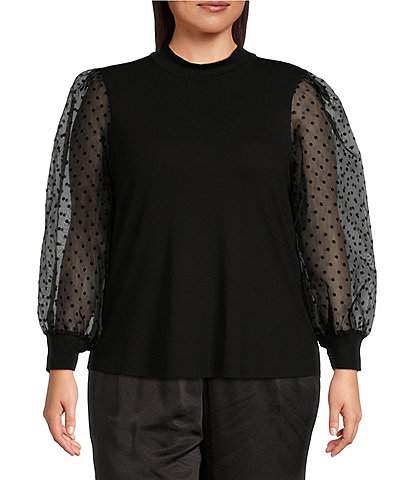 Sugarlips Plus Size Long Mesh Sleeve Solid/Clip-Dot Top