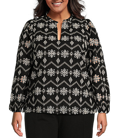 Sugarlips Plus Size Long Sleeve Contrast Eyelet Embroidered Blouse