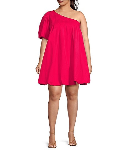 Sugarlips Plus Size Loraine Poplin Pleated One Bubble Sleeve Shift Mini Dress
