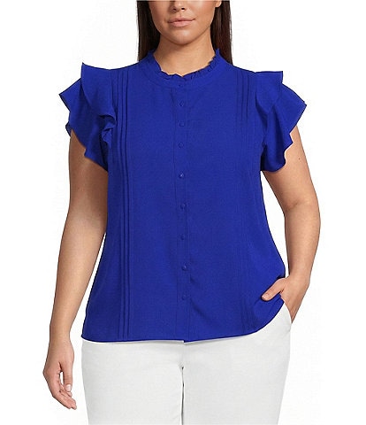 Sugarlips Plus Size Luna Ruffle Mock Neck Short Sleeve Button Down Blouse