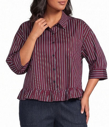 Sugarlips Plus Size Marina Stripe Point Collar Half Sleeve Ruffle Hem Button Front Shirt