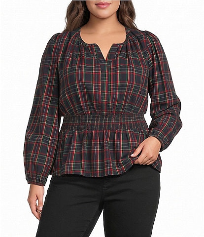Sugarlips Plus Size Mirana Plaid Printed Split V-Neck Long Sleeve Smocked Waist Top