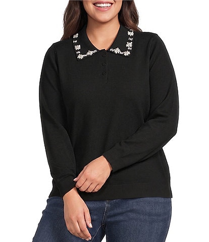 Sugarlips Plus Size Norie Rhinestone Collared Long Sleeve Sweater Knit Top