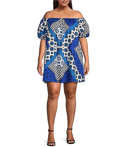 Sugarlips Plus Size Off-the-Shoulder Bandana Style Mixed Media Printed Dress