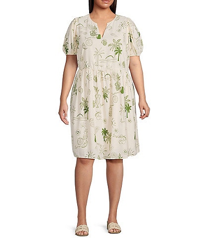 Sugarlips Plus Size Postcard Print Linen Puff Sleeve Mini Dress