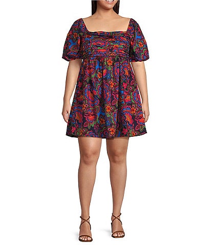Sugarlips Plus Size Puffed-Sleeve Fit-and-Flare Floral Dress