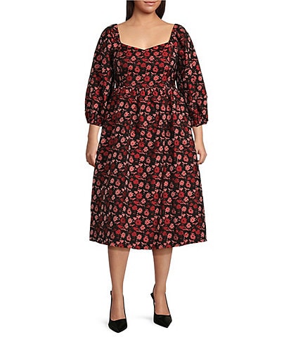 Sugarlips Plus Size Puffed Sleeve Floral Printed Jacquard Midi Dress