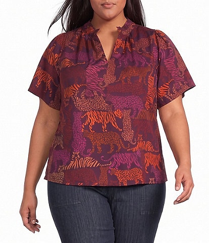 Sugarlips Plus Size Reva Tiger Print Ruffle Split V-Neck Short Sleeve Top