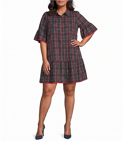 Sugarlips Plus Size Romona Chapman Plaid Collared Short Sleeve Mini Shift Dress