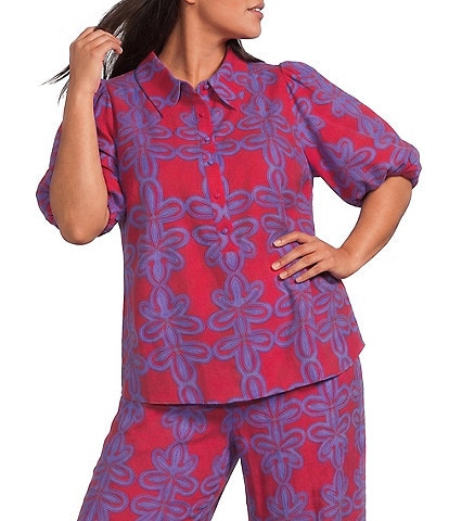 Sugarlips Plus Size Rory Abstract Viola Split Collar Short Sleeve Button Down Coordinating Linen Top