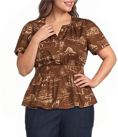 Sugarlips Plus Size Sarina Western Printed Split V-Neck Short Sleeve Smocked Poplin Peplum Top