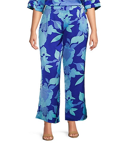 Sugarlips Plus Size Satin Floral Print High Rise Coordinating Wide Leg Pull-On Pant