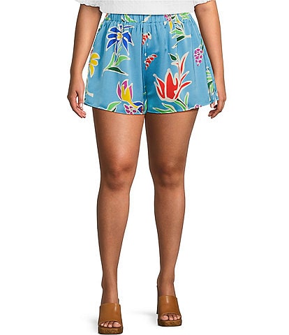 Sugarlips Plus Size Satin Tropical Floral Print Flowy Pull-On Shorts