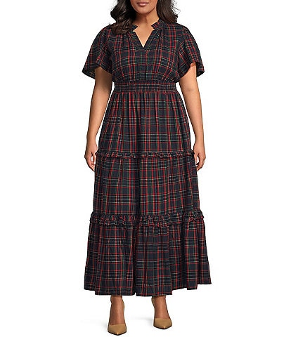 Sugarlips Plus Size Short Sleeve Plaid Smocked Waist Long Dress