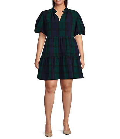 Sugarlips Plus Size Short Sleeve Plaid Tiered Babydoll Dress