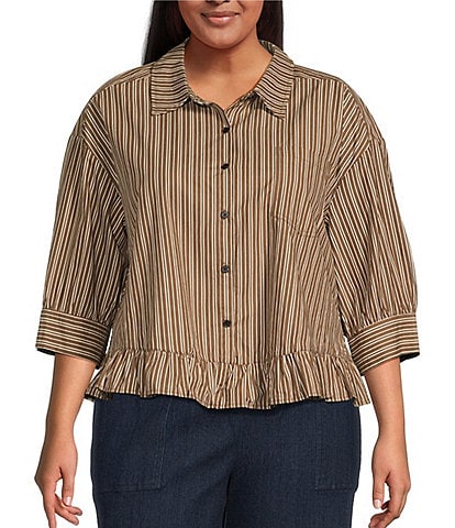 Sugarlips Plus Size Striped Collared Short Sleeve Ruffle Hem Button Front Top