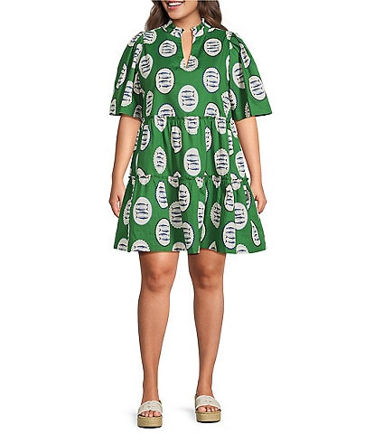 Sugarlips Plus Size Tropical Dixie Printed Split V-Neck Short Sleeve Poplin Shift Dress