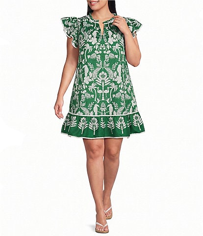 Sugarlips Plus Size Tropical Ebba Printed Split Neck Ruffle Cap Sleeve Mini Shift Dress