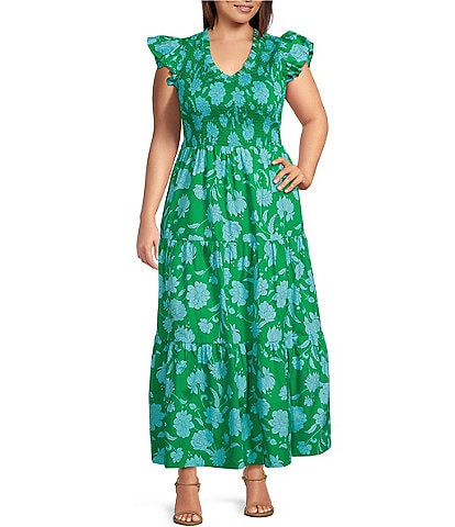 Sugarlips Plus Size Tropical Floral Print V-Neck Ruffle Cap Sleeve Smocked Bodice Tiered Long Dress