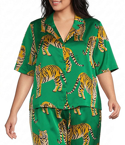 Sugarlips Plus Size Violda Tiger Printed Satin Collared Short Sleeve Button Down Coordinating Top